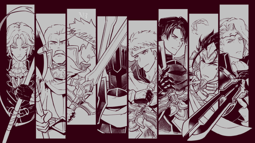 6+boys alondite armor black_knight_(fire_emblem) camus_(fire_emblem) cape commentary_request dual_persona eifilet facial_hair feathers fire_emblem fire_emblem:_new_mystery_of_the_emblem fire_emblem:_path_of_radiance fire_emblem:_radiant_dawn fire_emblem:_shadow_dragon fire_emblem_fates gradivus hardin_(dark_emperor)_(fire_emblem) hardin_(fire_emblem) headband helmet highres holding holding_polearm holding_sword holding_weapon ike_(fire_emblem) ike_(vanguard_legend)_(fire_emblem) male_focus monochrome multiple_boys mustache nintendo polearm ragnell raijinto_(fire_emblem) ryoma_(fire_emblem) short_hair siegfried_(sword) spoilers sword twitter_username upper_body weapon xander_(fire_emblem) zelgius_(fire_emblem)
