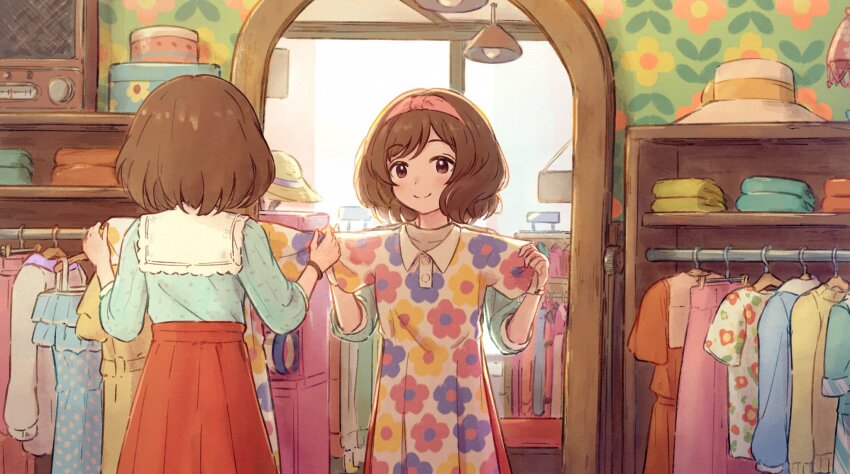 1girl birthday blue_dress blush brown_eyes brown_hair buttons closed_mouth clothes_hanger collared_dress commentary day dot_nose dress feet_out_of_frame floral_print floral_print_dress floral_print_shirt full-length_mirror green_shirt hageringo hairband hanging_light hat highres holding holding_unworn_clothes holding_unworn_dress idolmaster idolmaster_cinderella_girls idolmaster_cinderella_girls_starlight_stage indoors lamp long_skirt long_sleeves looking_at_mirror medium_hair mirror multicolored_dress multicolored_shirt nagatomi_hasumi official_alternate_costume orange_dress pink_hairband pink_skirt polka_dot polka_dot_dress radio red_skirt reflection shelf shirt shop shopping short_sleeves skirt slice_of_life smile solo split_mouth standing straw_hat sun_hat sweater swept_bangs t-shirt unworn_clothes watch wavy_hair white_sweater wristwatch yellow_dress yellow_sweater