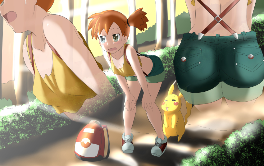 1girl absurdres asymmetrical_hair blush breasts denim denim_shorts gen_1_pokemon green_eyes green_shorts highres kakkii legs looking_at_another misty_(pokemon) navel nintendo nipples orange_hair pikachu pokemon pokemon_(anime) pokemon_(classic_anime) pokemon_(creature) ponytail shirt shoes short_shorts shorts side_ponytail smile sun suspenders takaya_n tank_top thighs yellow_shirt yellow_tank_top