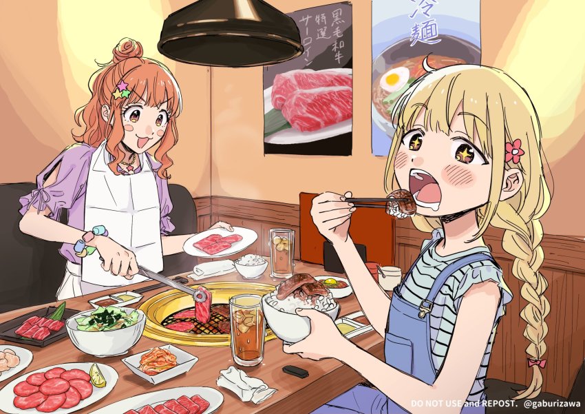 2girls :3 blonde_hair bowl braid brown_eyes chopsticks commentary_request cooking eating food futaba_anzu gaburizawa griddle grill grilling hair_bun hair_ornament highres holding holding_chopsticks holding_plate idolmaster idolmaster_cinderella_girls long_hair looking_at_viewer low_twin_braids low_twintails meat moroboshi_kirari multiple_girls open_mouth orange_hair overalls plate poster_(object) restaurant rice_bowl single_hair_bun star_(symbol) star_hair_ornament tongs twin_braids twintails yakiniku
