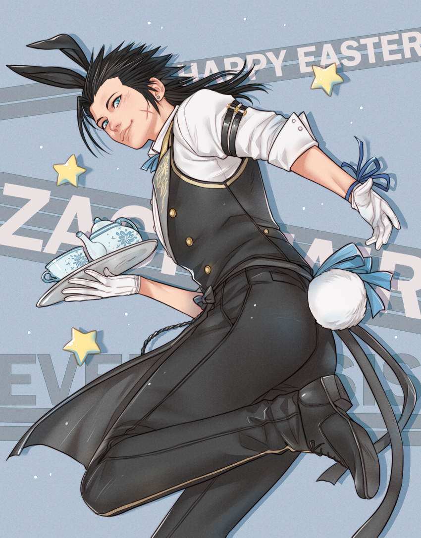 1boy animal_ears arm_ribbon black_hair black_pants black_vest blue_ribbon butler character_name closed_mouth commentary cross_scar crylin6 earrings english_commentary facial_scar final_fantasy final_fantasy_vii final_fantasy_vii_ever_crisis foot_out_of_frame foot_up from_side gloves happy_easter highres holding holding_plate jewelry lips looking_at_viewer male_focus official_alternate_costume pants plate rabbit_ears rabbit_tail ribbon scar scar_on_cheek scar_on_face shirt smile solo spiked_hair star_(symbol) stud_earrings tail vest white_gloves white_shirt zack_fair zack_fair_(bunny_butler)