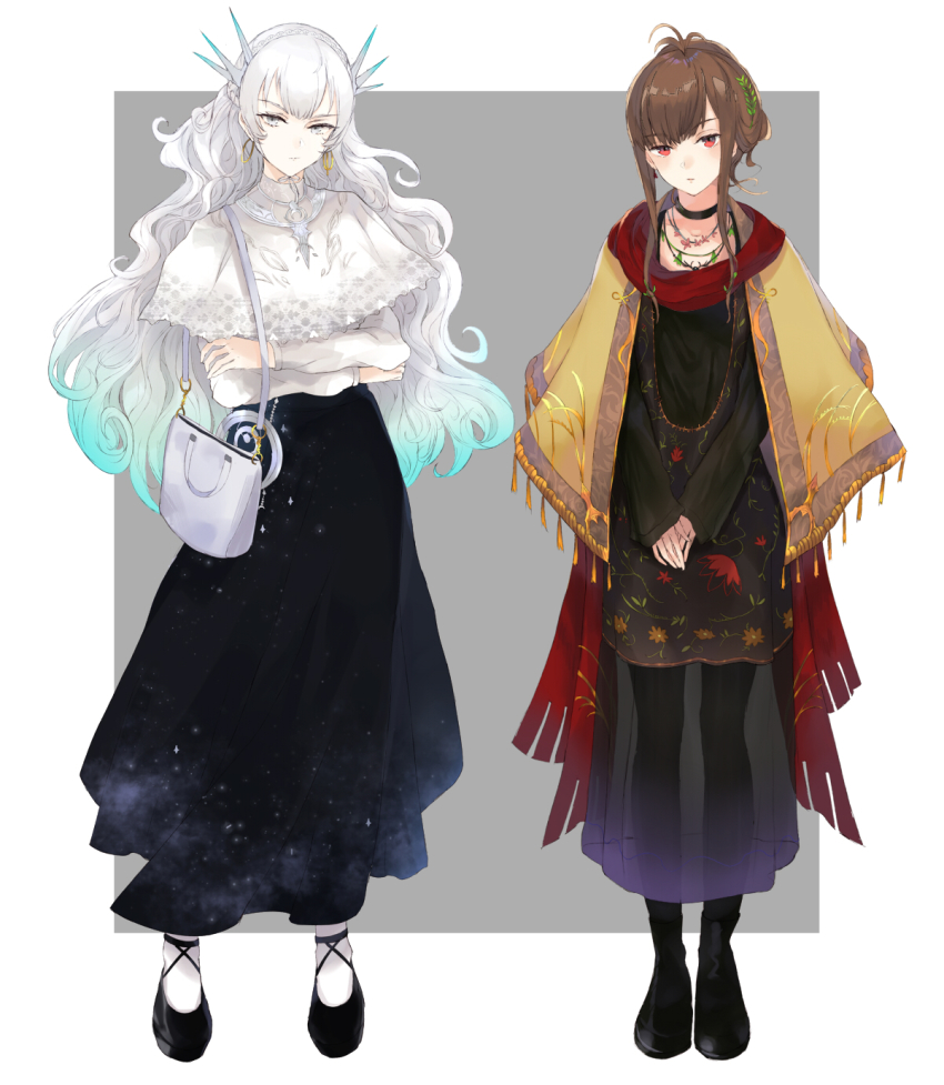2girls bag black_choker black_dress black_footwear black_pantyhose black_skirt blue_hair boots border brown_hair capelet choker closed_mouth commentary contemporary crossed_arms dress earrings full_body gradient_hair greek_mythology grey_eyes hair_between_eyes hair_ornament handbag hecate_(mythology) highres hoop_earrings jewelry kachi leaf_hair_ornament long_hair long_sleeves mixed-language_commentary multicolored_hair multiple_girls original outside_border own_hands_together pantyhose persephone_(mythology) red_eyes red_scarf scarf see-through_clothes shirt short_hair sidelocks skirt sleeves_past_wrists socks white_bag white_border white_capelet white_hair white_shirt white_socks