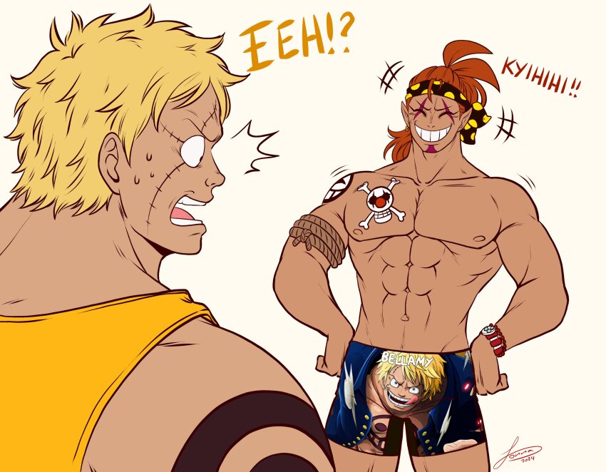 2boys ^_^ abs absurdres bakushou_(samayajonna) bara bellamy_(one_piece) blonde_hair blush character_print closed_eyes couple cowboy_shot crown dark-skinned_male dark_skin grin headband highres hyena_(samayajonna) large_pectorals laughing male_focus male_underwear meta multiple_boys muscular muscular_male navel nervous_sweating nipples oc_x_canon one_piece orange_hair original pectorals print_male_underwear self_character_print short_hair smile standing stitches stomach sweat tank_top topless_male underwear yaoi yellow_tank_top