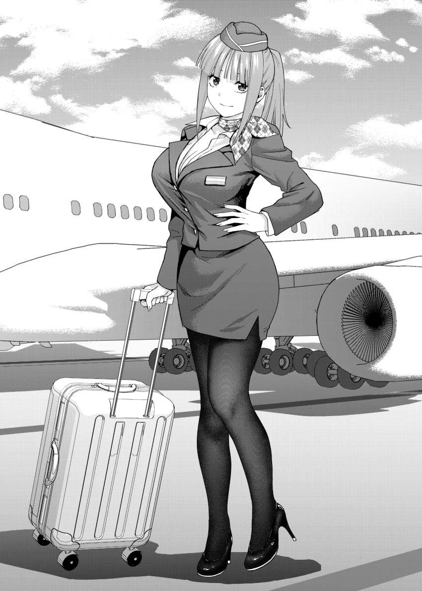 1girl aircraft airplane alternate_breast_size alternate_costume alternate_hairstyle bandana black_thighhighs boeing_747 breasts cleavage cloud cloudy_sky day flight_attendant full_body go-toubun_no_hanayome hat high_heels high_ponytail high_socks highres holding hostess jet_airliner kosmos_beta manga_style monochrome nakano_nino plane ponytail shadow skirt sky smile suitcase thighhighs travel_attendant