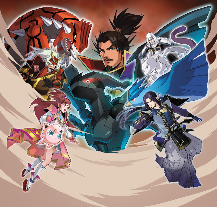 1girl 4boys akechi_mitsuhide aqua_eyes articuno artist_request black_sclera box_art brown_eyes brown_hair claws closed_mouth colored_sclera dust fake_horns gen_1_pokemon gen_3_pokemon gen_5_pokemon gloves glowing glowing_eyes grin groudon highres hood hood_up horns jigglypuff key_visual kneehighs legendary_pokemon long_hair long_sleeves mask mewtwo multiple_boys nintendo oda_nobunaga official_art oichi_no_kata oni_mask open_mouth outline pokemon pokemon_(creature) pokemon_conquest promotional_art purple_eyes purple_hair real_life red_eyes red_mask red_sandals red_sclera sandals sharp_teeth smile socks spikes takeda_shingen teeth textless_version third-party_source uesugi_kenshin v-shaped_eyebrows white_eyes white_hair white_outline white_socks yellow_eyes zekrom