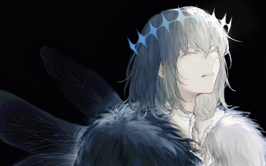1boy arthropod_boy black_background clenched_teeth closed_eyes diamond_hairband dragonfly_wings fate/grand_order fate_(series) fur_trim grey_hair hair_between_eyes highres male_focus medium_hair oberon_(fate) oberon_(third_ascension)_(fate) popped_collar ringo_2000 shirt sidelocks simple_background solo teeth upper_body white_shirt wings