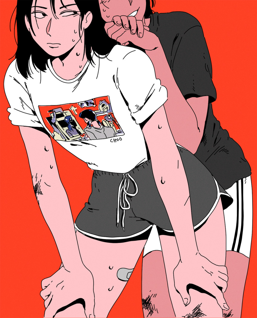 2girls artist_name black_eyes black_hair black_shirt black_shorts blush breasts choo commentary cowboy_shot dark-skinned_female dark_skin english_commentary frown hands_on_own_knees head_out_of_frame highres leaning_forward leaning_on_person looking_at_another medium_hair multiple_girls original own_hands_together print_shirt red_background red_theme scraped_knee shirt short_sleeves shorts simple_background sleeves_rolled_up small_breasts smile sweat sweatdrop t-shirt tomboy white_shirt white_shorts yuri
