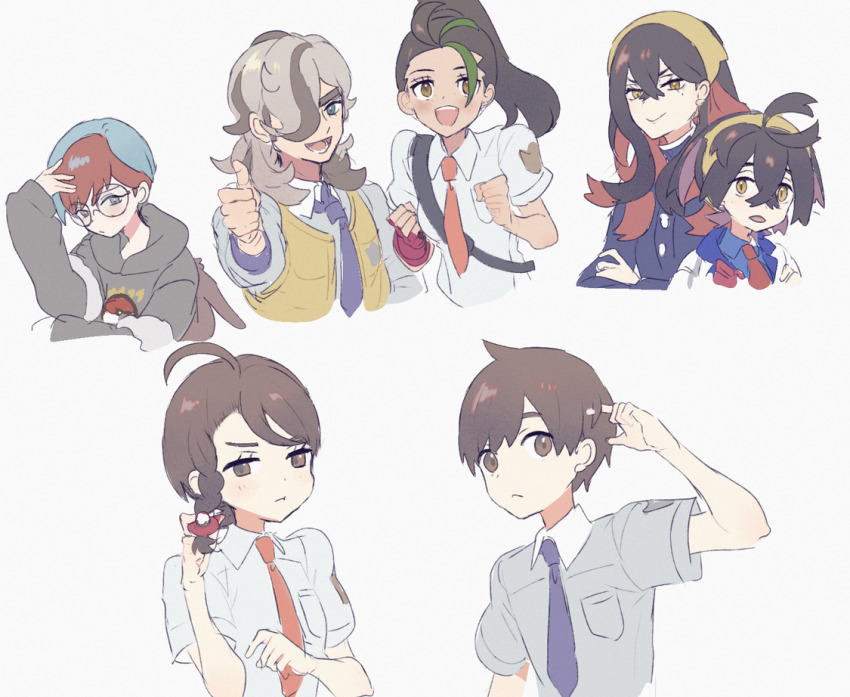 3boys 4girls :d ahoge arm_up arven_(pokemon) backpack bag blue_hair braid breast_pocket brown_bag brown_hair carmine_(pokemon) closed_mouth collared_shirt commentary_request florian_(pokemon) glasses green_hair hand_up hood hood_down hoodie jacket juliana_(pokemon) kieran_(pokemon) multicolored_hair multiple_boys multiple_girls mxkjxm_(nhss2337) necktie nemona_(pokemon) nintendo open_mouth orange_necktie penny_(pokemon) pocket poke_ball_print pokemon pokemon_sv ponytail red_hair round_eyewear shirt smile thumbs_up two-tone_hair vest white_background white_shirt yellow_vest