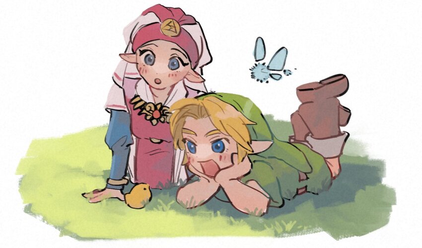 1boy 1girl :o all_fours baby_animal belt bird blonde_hair blue_eyes blue_sleeves blush boots brooch brown_belt brown_footwear chick child commentary_request dress fairy green_hat green_tunic hands_on_own_cheeks hands_on_own_face hat jewelry legs_up link long_sleeves looking_at_animal lying navi nintendo on_grass on_stomach open_mouth pink_dress pointy_ears princess_zelda puffy_long_sleeves puffy_sleeves short_sleeves simple_background smile the_legend_of_zelda the_legend_of_zelda:_ocarina_of_time the_pose tunic two-tone_dress white_background white_dress white_headdress yamori_(yamoooon21) young_link young_zelda