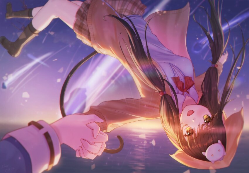 2girls asakura_karen_(heaven_burns_red) black_hair blue_jacket bow dawn falling female_pov flowingcrescent heaven_burns_red highres hood hood_up hooded_jacket jacket long_hair long_sleeves multiple_girls on_head pov sky tail toujou_tsukasa yellow_eyes yuri
