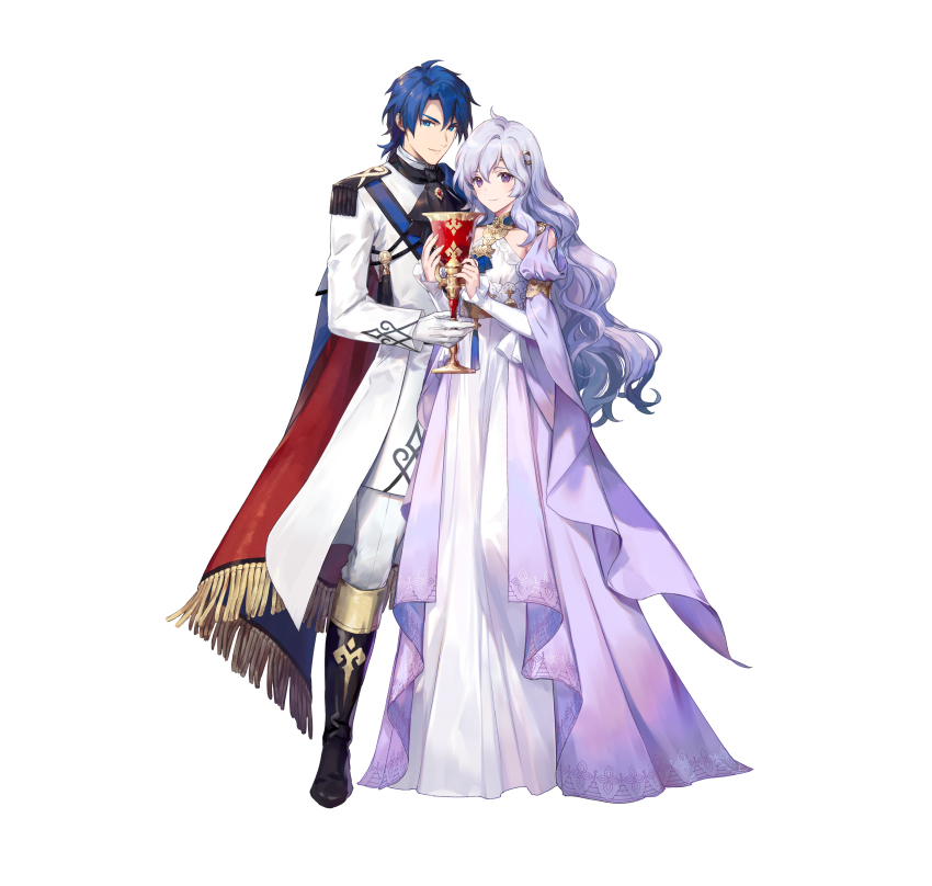 1boy 1girl absurdres azu-taro ballgown ballroom_dress ballroom_gown black_footwear blue_eyes blue_hair boots cape chalice closed_mouth commentary_request couple cup deirdre_(fire_emblem) deirdre_(masquerade)_(fire_emblem) dress fire_emblem fire_emblem:_genealogy_of_the_holy_war fire_emblem_heroes full_body gloves gradient_clothes gradient_dress highres holding husband_and_wife knee_boots light_purple_hair long_dress long_hair long_sleeves looking_at_viewer nintendo official_art pants purple_eyes short_hair sigurd_(fire_emblem) sigurd_(masquerade)_(fire_emblem) smile standing white_background white_dress white_gloves white_pants