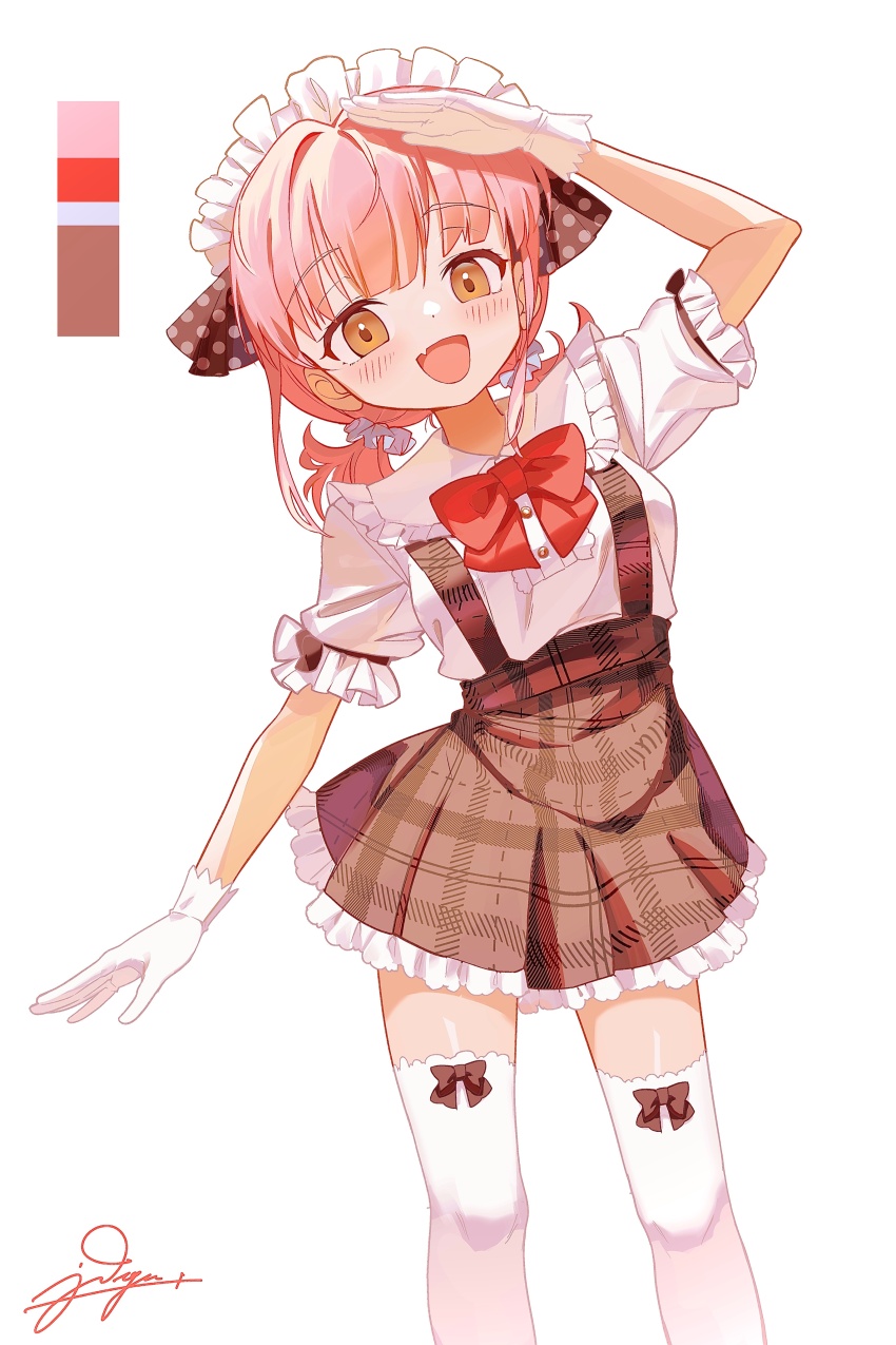 1girl :d absurdres arm_up bow bow_legwear bowtie brown_skirt commentary dot_nose fang frilled_shirt_collar frilled_skirt frills gloves hair_ribbon highres jdge looking_at_viewer low_twintails maid_headdress medium_hair open_mouth orange_eyes original pink_hair plaid_clothes plaid_skirt polka_dot polka_dot_ribbon red_bow red_bowtie ribbon salute shirt short_sleeves short_twintails signature simple_background skin_fang skirt smile solo suspender_skirt suspenders thighhighs twintails white_background white_gloves white_shirt white_thighhighs zettai_ryouiki