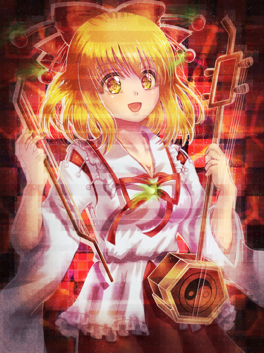 1girl :d absurdres blonde_hair bow bow_(music) breasts detached_sleeves erhu frills grid_background hair_bow hair_ornament hair_ribbon highres holding holding_bow_(music) holding_instrument instrument medium_breasts misaki_(originalsin) open_mouth red_bow red_ribbon red_skirt ribbon satsuki_rin shirt short_hair skirt smile solo touhou white_shirt wide_sleeves yellow_eyes yin_yang