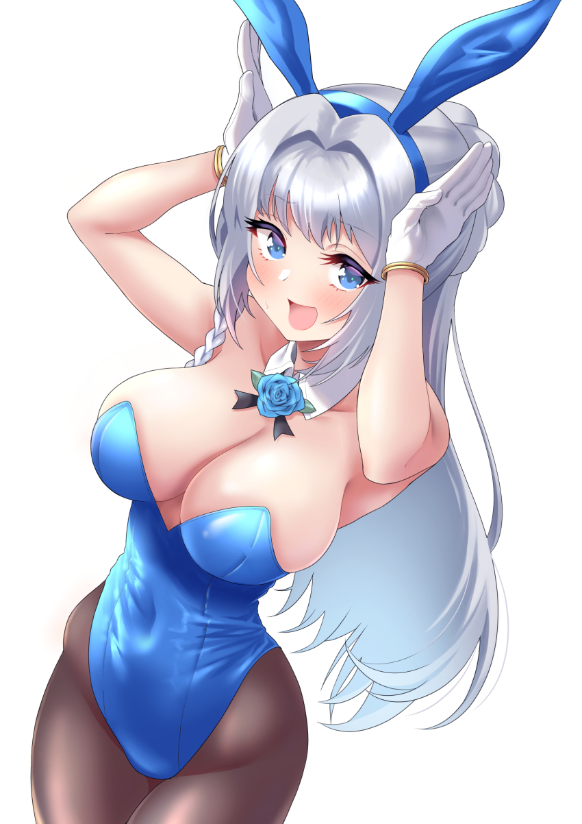 1girl arms_up blue_leotard breasts highres large_breasts leotard long_hair looking_at_viewer magia_record:_mahou_shoujo_madoka_magica_gaiden mahou_shoujo_madoka_magica playboy_bunny satom solo strapless strapless_leotard upper_body yakumo_mitama