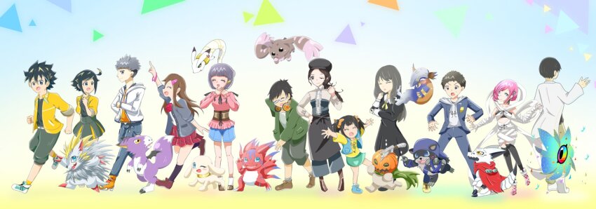 bakumon bearmon closed_eyes digimon digimon_rearise dorumon elecmon female_protagonist_(digimon_rearise) futami_eiji hackmon_(digimon) herissmon highres hiiragi_takumi jacket kohinata_mayu kudamon_(digimon_savers) long_hair lopmon male_protagonist_(digimon_rearise) mon_(digimon_rearise) natsuyagi_kazuma plotmon pumpmon shinjo_michi shinkai_sara short_hair skirt spiral_(digimon) tamada_keito tamada_nozomi triangle tsukimori_chihiro