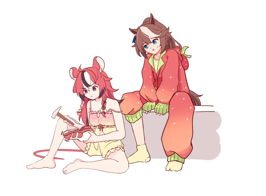 2girls ahoge animal_ears arm_support asymmetrical_legwear babydoll barefoot black_hair black_streaks blue_eyes borrowed_clothes bow braid breasts brown_hair concentrating ear_ornament ear_ribbon feet frown hair_bow hakos_baelz hakos_baelz_(strawberry_onesie) hammer high_ponytail highres holding holding_hammer holding_shoes holding_unworn_clothes hololive hololive_english hood hooded_pajamas horse_ears horse_girl horse_tail horseshoe iennie long_hair long_sleeves looking_at_another looking_at_object mouse_ears mouse_girl mouse_tail multicolored_hair multiple_girls on_floor onesie open_mouth pajamas pink_babydoll polka_dot polka_dot_shorts ponytail red_hair red_pajamas serious shoes shorts sitting sleepwear socks strawberry_costume streaked_hair sweatdrop tail toes tokai_teio_(umamusume) twin_braids two-tone_hair umamusume unworn_shoes v-shaped_eyebrows virtual_youtuber white_hair white_streaks yellow_socks