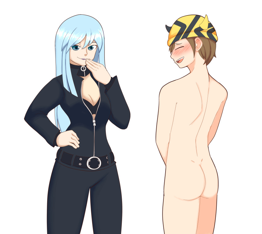 1boy 1girl absurdres ass ass_focus back blue_eyes blue_hair blush breasts brown_hair closed_eyes clothed_female_nude_male completely_nude covering_crotch covering_privates devil_summoner devil_summoner:_soul_hackers devil_summoner_(series) ear_blush embarrassed from_behind hand_on_own_face hand_on_own_hip hat highres looking_at_another megami_tensei nemissa nude orangemint4444 sideways_mouth smile smirk yuichi_haga