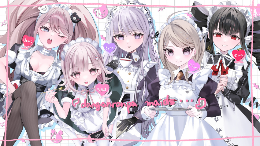 1girl :d ;o ahoge akamatsu_kaede animal_print apron bear_hair_ornament bell bell_earrings black_dress black_gloves black_hair black_ribbon black_shoes blonde_hair bow braid breasts brown_hair brown_thighhighs butterfly_print celestia_ludenberg cleavage closed_mouth collared_dress contrast_collar cup danganronpa:_trigger_happy_havoc danganronpa_(series) danganronpa_v3:_killing_harmony dress drill_hair ear_bow earrings enoshima_junko feet_out_of_frame fortissimo frills from_above galaga garter_straps gloves grey_eyes grey_hair grin hair_bow hair_ornament hair_ribbon hanahusa hand_up handheld_game_console highres holding holding_cup holding_handheld_game_console jewelry juliet_sleeves kirigiri_kyoko large_breasts long_hair long_sleeves looking_at_viewer maid maid_apron maid_headdress medium_hair monokuma monomi_(danganronpa) musical_note musical_note_hair_ornament nail_polish nanami_chiaki neck_ribbon necktie official_alternate_costume one_eye_closed open_mouth orange_necktie outdoors pink_eyes pink_ribbon plate puffy_short_sleeves puffy_sleeves red_eyes ribbon shoes short_sleeves sitting smile solo spaceship_hair_ornament tea teeth thighhighs twin_drills twintails upper_teeth_only white_apron white_bow white_thighhighs