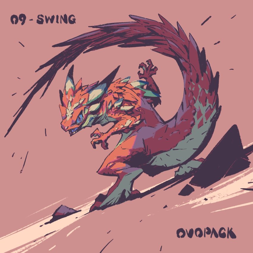animal_focus artist_name blue_eyes full_body highres horns inktober lizard murayama_ryota no_humans open_mouth original pink_background red_scales rock scales sharp_teeth simple_background slit_pupils solo tail teeth
