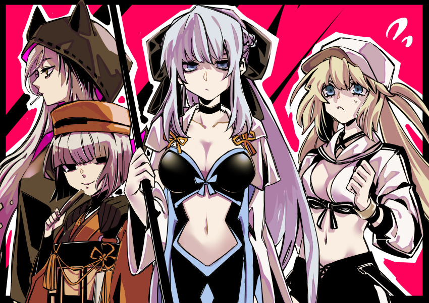 4girls absurdres artoria_caster_(fate) artoria_caster_(swimsuit_berserker)_(fate) artoria_caster_(swimsuit_berserker)_(first_ascension)_(fate) artoria_pendragon_(fate) black_bow black_eyes blonde_hair blue_eyes bow cape fate/grand_order fate_(series) green_eyes hair_between_eyes hair_bow hat highres hood hoodie japanese_clothes kimono lilith_(fate) long_hair long_sleeves looking_at_viewer miyabimakoto morgan_le_fay_(fate) morgan_le_fay_(second_ascension)_(fate) multiple_girls polearm sen_no_rikyu_(fate) short_hair smile spear weapon white_hair wide_sleeves yellow_eyes