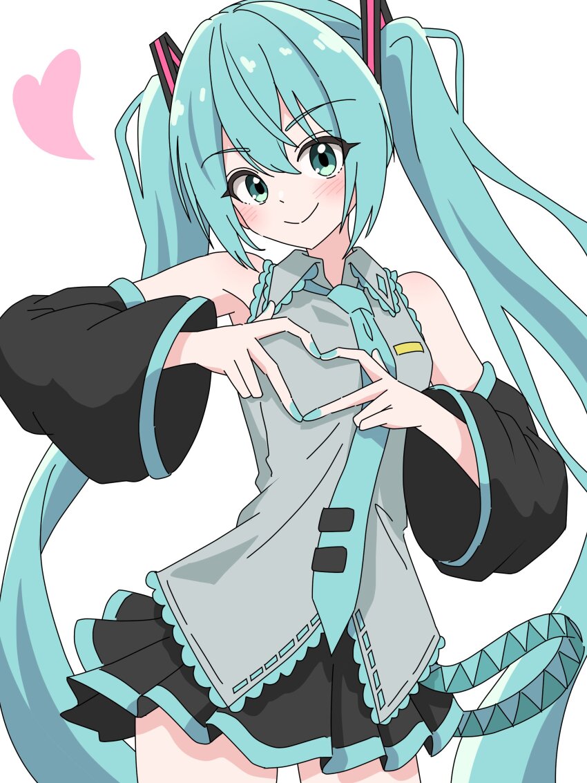1girl absurdres aqua_eyes aqua_hair aqua_necktie bare_shoulders black_skirt black_sleeves closed_mouth cowboy_shot detached_sleeves flat_chest grey_shirt hair_between_eyes hatsune_miku heart heart_hands highres long_hair long_sleeves looking_at_viewer necktie petite pleated_skirt shirt simple_background skirt sleeveless sleeveless_shirt smile solo twintails unenemiko very_long_hair vocaloid white_background