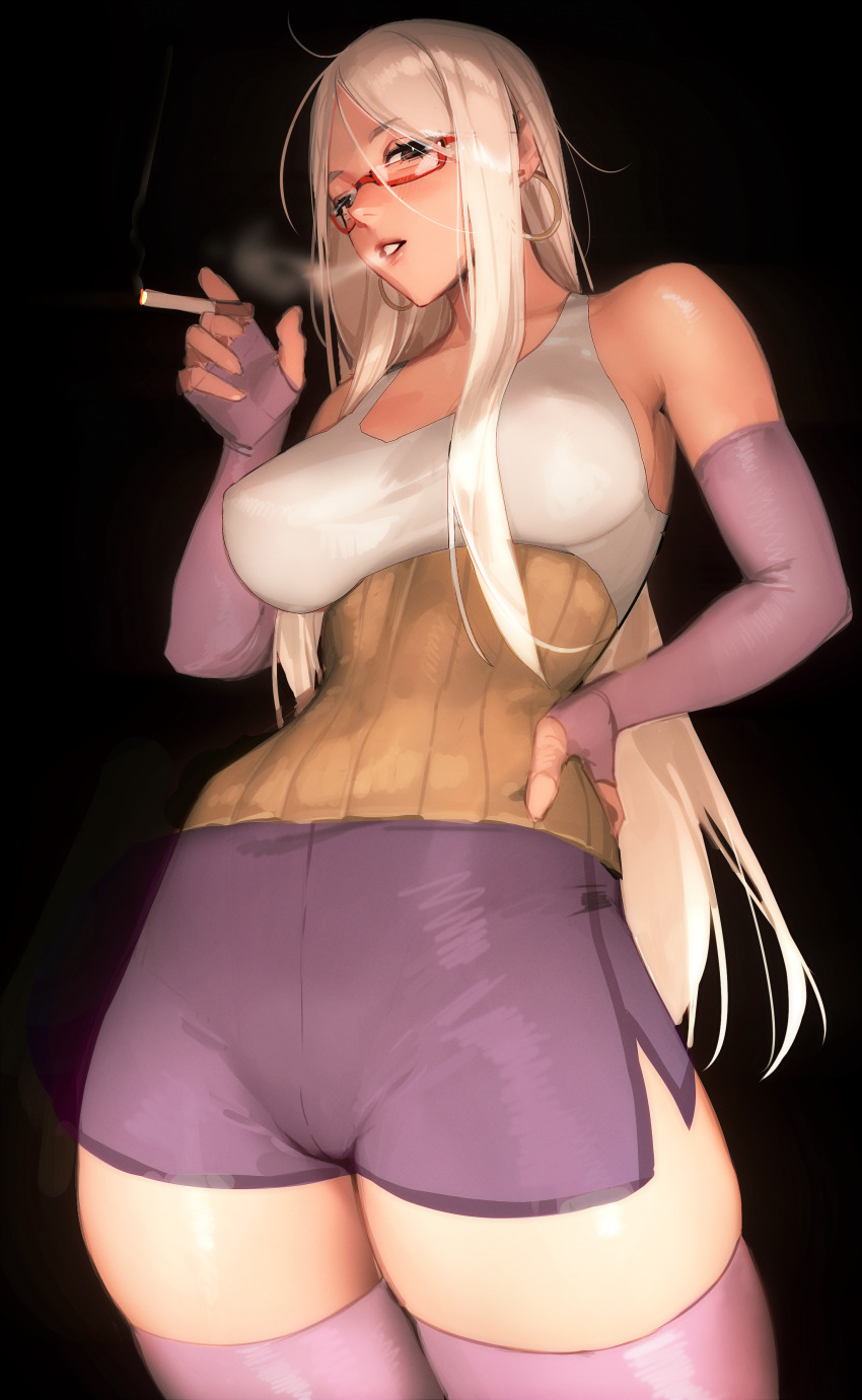 1girl absurdres ayase_seiko breasts cameltoe cigarette covered_erect_nipples crop_top dandadan earrings elbow_gloves fingerless_gloves glasses gloves grey_hair hair_down haramaki highres holding holding_cigarette hoop_earrings jewelry large_breasts limart long_hair looking_at_viewer mature_female red-framed_eyewear semi-rimless_eyewear short_shorts shorts smoke smoking solo thighhighs thighs very_long_hair
