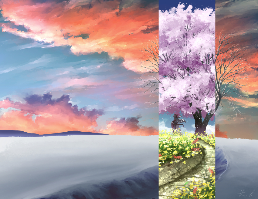 1girl absurdres alternate_hairstyle animal_ears bare_tree black_skirt blue_sky cherry_blossoms cherry_tree cloud cloudy_sky commentary day detached_sleeves english_commentary facing_away falling_petals floating_hair flower from_behind full_body grass hat highres inubashiri_momiji landscape large_variant_set long_hair long_skirt nature orange_clouds oubachiago outdoors path petals procreate_(medium) red_ribbon red_trim ribbon road scabbard scenery sheath sheathed shirt signature skirt sky sleeveless sleeveless_shirt solo spring_(season) sword sword_on_back sword_tassel tail tokin_hat touhou tree variant_set very_wide_shot weapon weapon_on_back white_hair white_shirt white_tail wide_sleeves winter wolf_ears wolf_girl wolf_tail