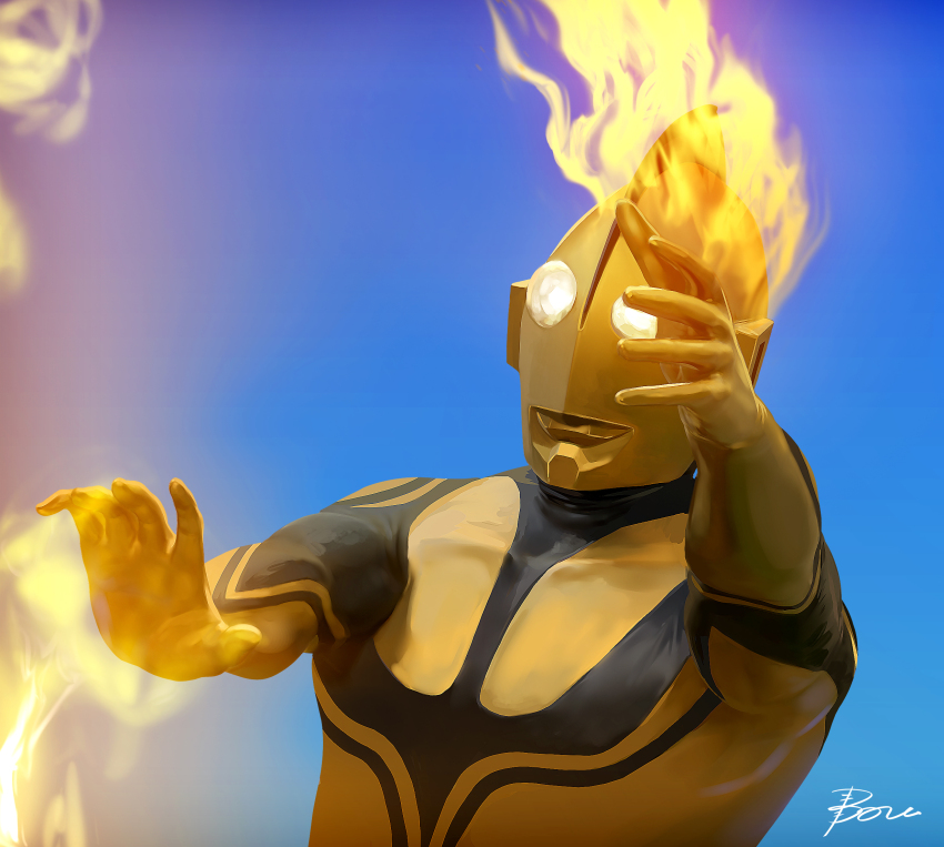 1boy black_skin blue_background blue_sky burning colored_skin commentary_request day derivative_work fire gold_skin gradient_background hanekura_bou highres looking_ahead male_focus multicolored_skin no_pupils outdoors outstretched_arms outstretched_hand scene_reference shin_ultraman signature sky solo ultra_series ultraman_tarou_(series) yellow_eyes zoffy_(shin) zoffy_(ultra_series)
