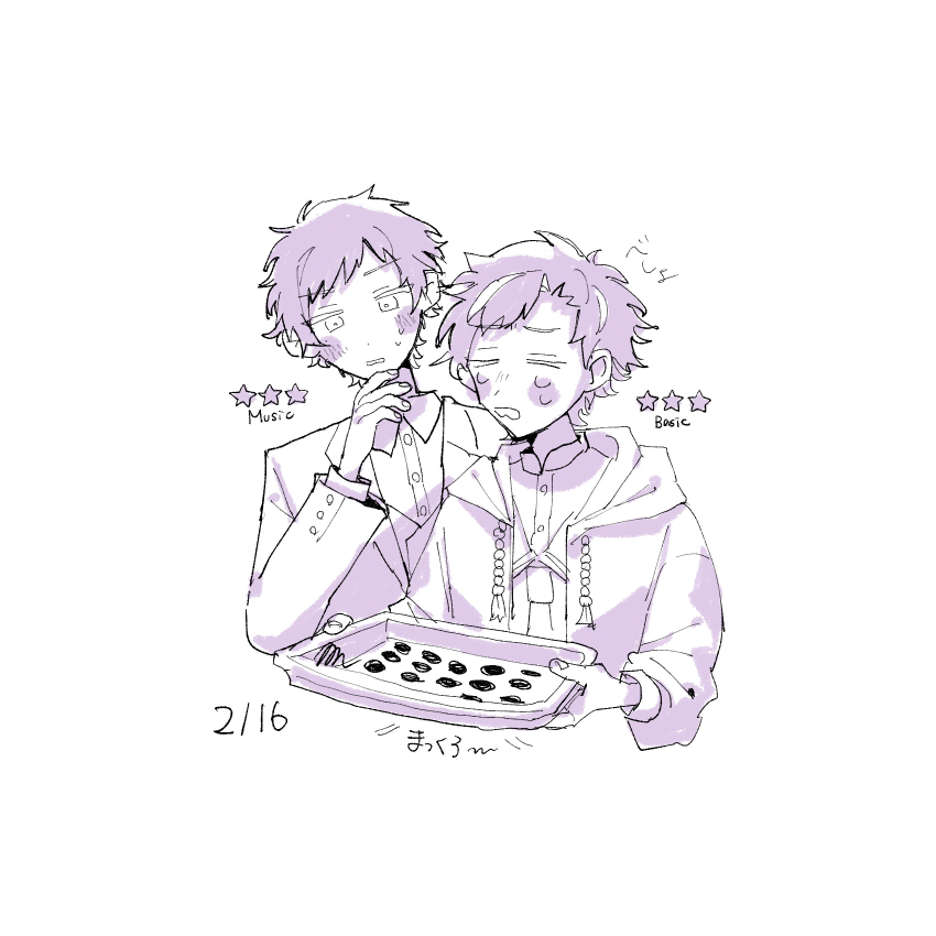 2boys blazer blush_stickers buttons closed_eyes collared_shirt commentary_request cookie cropped_torso dated dot_nose ensemble_stars! fingernails food frown furrowed_brow fushimi_yuzuru hand_on_own_chin highres holding holding_tray hood hood_down hooded_jacket jacket lapels layered_sleeves long_sleeves looking_at_food male_focus multiple_boys nagumo_tetora nervous notched_lapels open_clothes open_jacket open_mouth parted_lips purple_theme section_(prrx8584) shirt simple_background star_(symbol) sweat tray white_background
