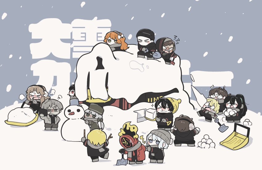 1other 6+boys 6+girls :3 back_pain black_coat black_hair black_jacket blonde_hair brown_hair charon_(project_moon) chibi closed_eyes closed_mouth coat dante_(limbus_company) don_quixote_(project_moon) earmuffs faust_(project_moon) full_body gloves gregor_(project_moon) grey_gloves grey_scarf heathcliff_(project_moon) highres holding holding_stick hong_lu_(project_moon) ishmael_(project_moon) jacket kojocho05 lapels limbus_company long_hair low_twintails mephistopheles_(project_moon) meursault_(project_moon) multiple_boys multiple_girls necktie notched_lapels open_mouth outis_(project_moon) parted_bangs ponytail project_moon red_coat red_necktie rodion_(project_moon) ryoshu_(project_moon) scarf sharp_teeth short_hair shovel sinclair_(project_moon) smile snow snow_shovel snowing snowman stick teeth translation_request twintails vergilius_(project_moon) yi_sang_(project_moon)