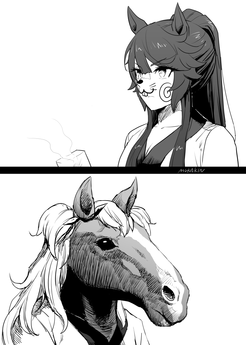 2girls 2koma absurdres animal_ears artist_name bandaid bandaid_on_face comic commentary_request cosplay greyscale hagoita high_ponytail highres holding horse_ears horse_girl horse_head ink_on_face long_hair mayano_top_gun_(racehorse) mayano_top_gun_(racehorse)_(cosplay) mayano_top_gun_(umamusume) monochrome mukakin multiple_girls narita_brian_(umamusume) paddle ponytail realistic sidelocks silent_comic smoke two_side_up umamusume