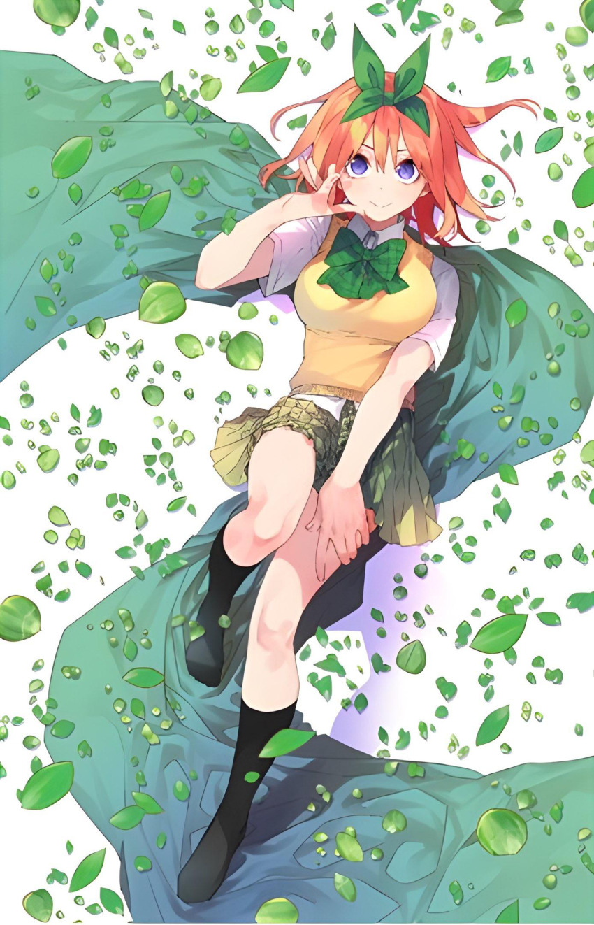 1girl arm_up black_socks bow bowtie breasts cloak closed_mouth collared_shirt dot_nose female_focus full_body go-toubun_no_hanayome green_bow green_bowtie green_cloak green_petals green_ribbon green_skirt hair_bow hair_ribbon hand_on_own_thigh haruba_negi highres large_breasts legs looking_at_viewer lying miniskirt nakano_yotsuba official_art on_back orange_hair petals pleated_skirt purple_eyes ribbon school_uniform shirt short_hair short_sleeves simple_background skirt smile socks solo solo_focus sweater sweater_vest thighs vest white_background white_shirt yellow_sweater yellow_sweater_vest yellow_vest