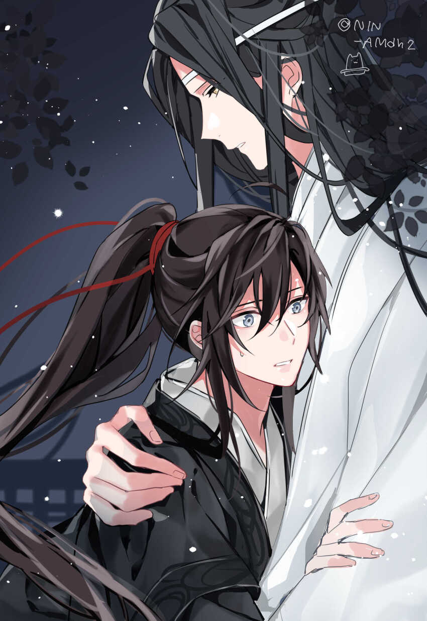 2boys bishounen black_hair black_hanfu chinese_clothes grey_eyes hair_between_eyes hair_ribbon hanfu headband height_difference high_ponytail highres hug hyottokoane lan_wangji long_hair long_sleeves male_focus modao_zushi multiple_boys night parted_lips ponytail red_ribbon ribbon sidelocks snow twitter_username upper_body wei_wuxian white_hanfu white_headband yaoi yellow_eyes