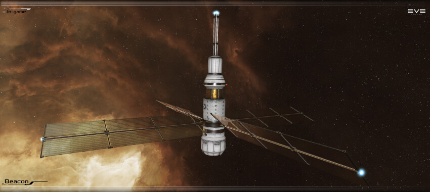 3d absurdres brown_background commentary copyright_logo copyright_name english_text eve_online glint glowing highres kaspercohen_(kasper_hansen) logo maya_(medium) nebula no_humans object_focus official_art outdoors photoshop_(medium) realistic satellite science_fiction sky space spacecraft star_(sky) starry_sky starry_sky_background