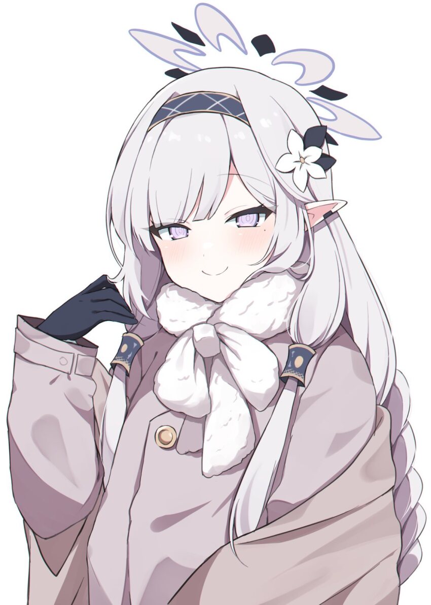 1girl black_gloves black_hairband blue_archive blush closed_mouth dress flower gloves grey_dress grey_hair grey_jacket hair_flower hair_ornament hair_tubes hairband halo highres himari_(blue_archive) jacket long_hair long_sleeves looking_at_viewer mole mole_under_eye murase48 pointy_ears purple_eyes simple_background smile solo striped_clothes striped_hairband upper_body white_background white_flower