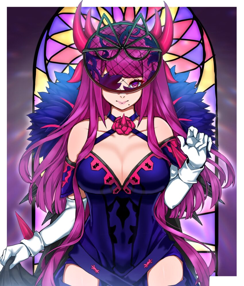 1girl bare_shoulders breasts brooch cleavage closed_mouth dress elbow_gloves fascinator fire_emblem fire_emblem_engage flower flower_brooch gloves highres ivy_(fire_emblem) jewelry large_breasts long_hair looking_at_viewer meriaiwaki_fe mole mole_under_mouth nintendo purple_eyes purple_hair rose smile solo spiked stained_glass thorn_print very_long_hair white_gloves