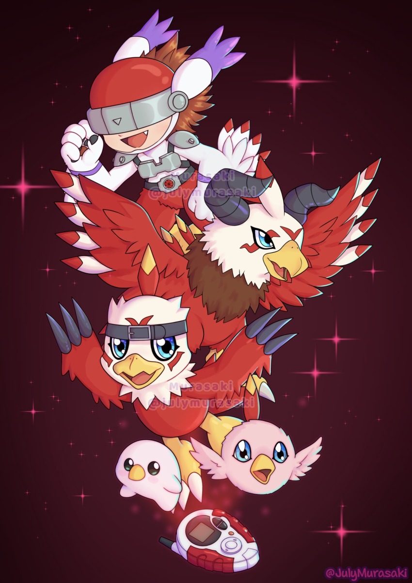 absurdres aquilamon covered_eyes digimon digimon_(creature) digimon_adventure_02 fusion hawkmon helmet highres holsmon long_ears mask shurimon silphymon