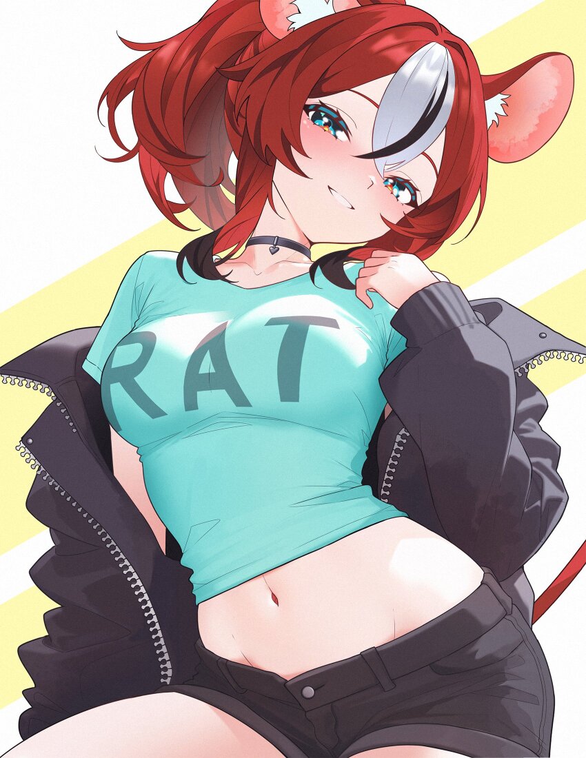 1girl animal_ear_fluff animal_ears black_choker black_hair black_jacket blue_eyes blush breasts choker clothes_writing colored_tips commentary crossed_bangs double-parted_bangs english_commentary groin hair_between_eyes hakos_baelz head_tilt heart heart_choker highres hololive hololive_english jacket looking_at_viewer medium_breasts midriff mouse_ears mouse_girl mouse_tail multicolored_hair navel off_shoulder open_clothes open_jacket ponytail red_hair shirt short_hair short_shorts shorts sidelocks sk_jynx solo streaked_hair sweat t-shirt tail textless_version twitter_strip_game virtual_youtuber white_hair zipper