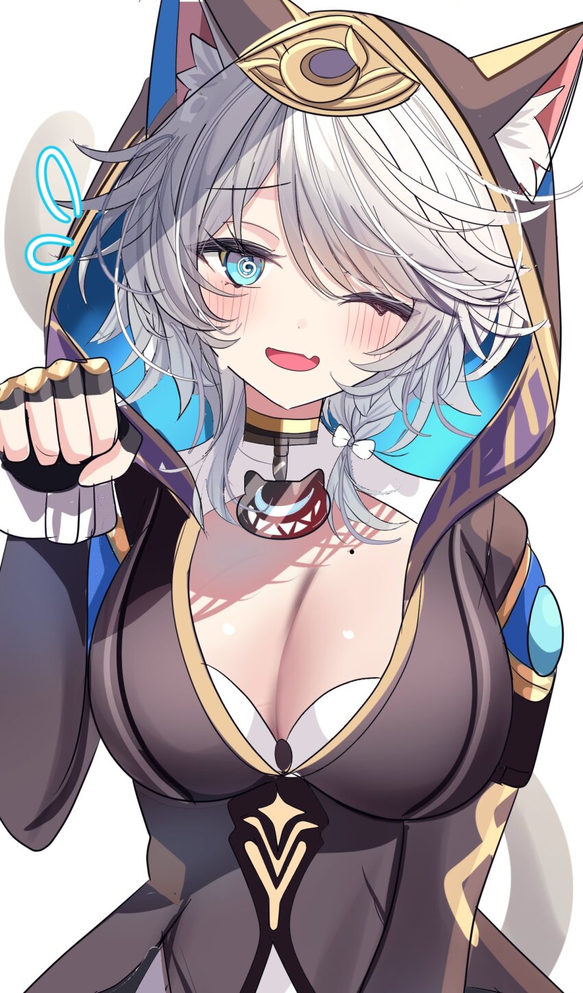 1girl @_@ animal_ear_fluff animal_ears animal_hood blue_eyes blush bow braid breasts cat_ears cat_girl cat_hood charm_(object) choker cipher_(honkai:_star_rail) cleavage commentary commentary_request fang fingerless_gloves gloves grey_hair hair_bow highres honkai:_star_rail honkai_(series) hood large_breasts leotard mole mole_on_breast one_eye_closed skin_fang sweatdrop yuzukiyuno_(yunmu_g)