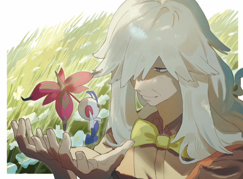 1boy az_(pokemon) bow bowtie closed_mouth collared_shirt commentary_request eye_contact floette floette_(eternal) flower gen_6_pokemon grass green_bow green_bowtie grey_hair hair_over_one_eye hands_up long_hair looking_at_another male_focus nintendo pokemon pokemon_(creature) pokemon_legends:_z-a shirt smile tuccia vest white_flower