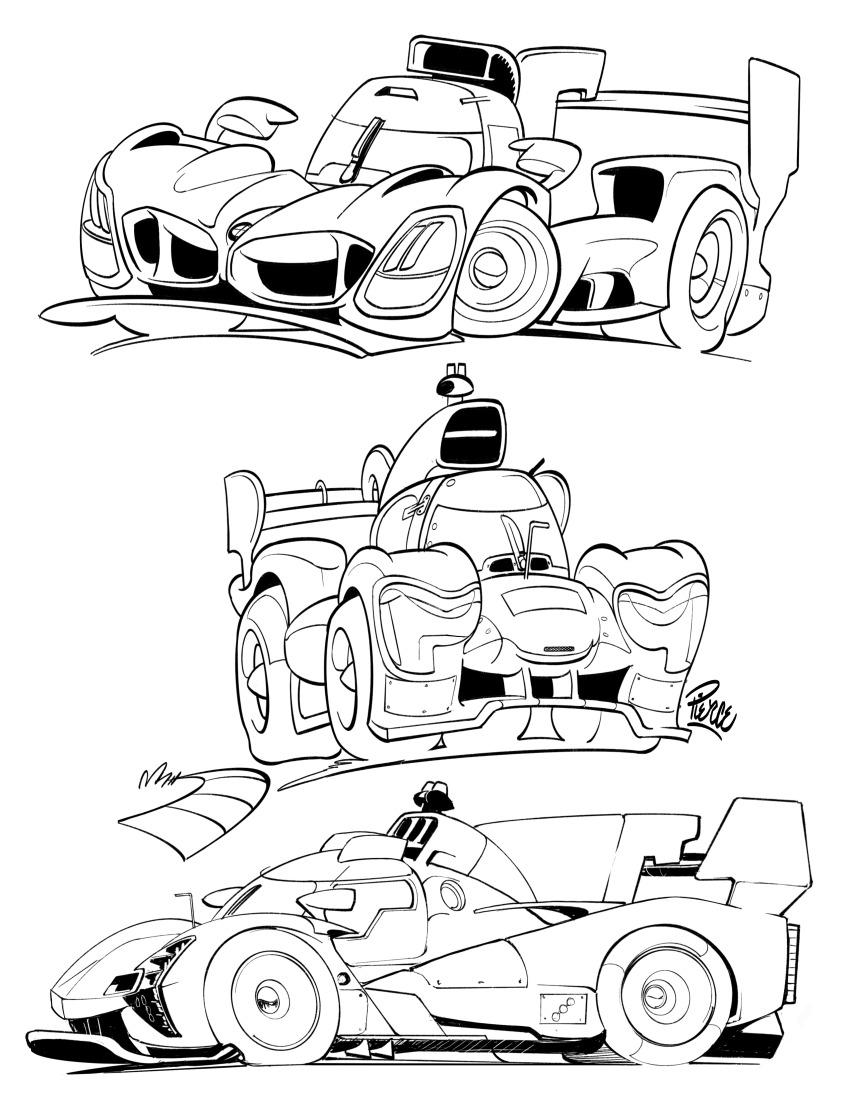absurdres artist_name bmw bmw_m_hybrid_v8 cadillac car chibi circuit_de_la_sarthe from_side greyscale highres isotta_fraschini_tipo_6_lmh-c le_mans_prototype lineart monochrome motor_vehicle no_humans race_vehicle racecar racetrack spoiler_(automobile) vehicle_focus will_pierce world_endurance_championship