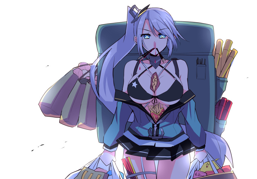 1girl azur_lane backpack bag bikini bikini_top_only black_bikini black_sailor_collar black_skirt blood blue_eyes blue_shirt breasts cleavage closed_mouth commentary_request food food_in_mouth french_fries hair_between_eyes heart heart-shaped_pupils highres himiya_jouzu holding holding_bag looking_at_viewer miniskirt nosebleed off_shoulder pleated_skirt pocky pocky_in_mouth portland_(azur_lane) sailor_collar shirt side_ponytail simple_background skirt solo swimsuit symbol-shaped_pupils upper_body wcdonald&#039;s white_background