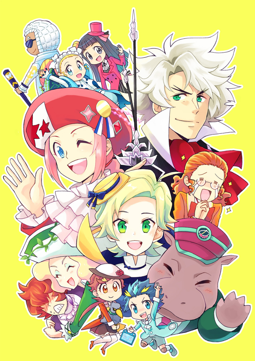 4girls 6+boys antonin_dvorak_(classicaloid) ascot bird blonde_hair blue_shirt blush brown_hair brown_skirt cane classicaloid clenched_teeth closed_mouth commentary_request crying drill_hair franz_liszt_(classicaloid) franz_schubert_(classicaloid) frederic_chopin_(classicaloid) green_eyes hasshii_(classicaloid) hat highres hippopotamus holding holding_cane hug johann_sebastian_bach_(classicaloid) kad-rie kagura_sousuke ludwig_van_beethoven_(classicaloid) maid_headdress multiple_boys multiple_girls one_eye_closed open_mouth otowa_kanae pad-kun_(classicaloid) pink_hair powdered_wig pyotr_illyich_tchaikovsky_(classicaloid) red_ascot red_hat richard_wagner_(classicaloid) shirt shoebill short_hair skirt streaming_tears tears teeth tekla_badarzewska-baranowska_(classicaloid) twin_drills white_hat wolfgang_amadeus_mozart_(classicaloid) yellow_background