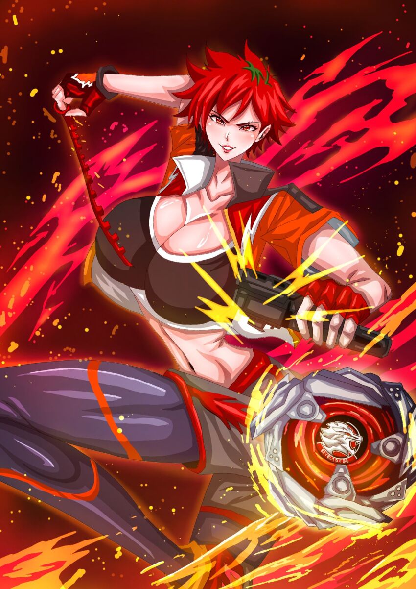 beyblade beyblade_(object) beyblade_x black_tank_top breasts highres large_breasts nekki_ai red_eyes red_hair short_hair tank_top