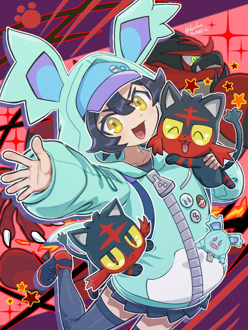 1girl bag black_hair cat character_doll closed_eyes doll evolutionary_line gen_7_pokemon highres holding hood hood_up hoodie incineroar jacket litten long_sleeves looking_at_viewer mascot_costume nidothing nintendo nyabiko_(pokemon) open_mouth pokemon pokemon_(anime) pokemon_(creature) pokemon_horizons runachikku shirt short_hair skirt smile thighhighs yellow_eyes