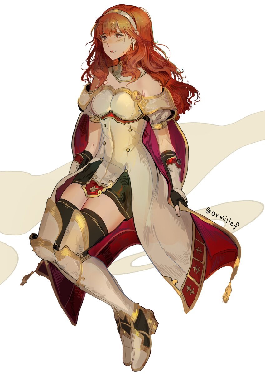 1girl absurdres armor armored_boots black_skirt black_thighhighs boots breastplate cape celica_(fire_emblem) choker dress earrings fingerless_gloves fire_emblem fire_emblem_echoes:_shadows_of_valentia gloves highres jewelry long_hair nintendo orange_eyes orange_hair ormille princess red_eyes red_hair sitting skindentation skirt solo thighhighs thighs tiara white_armor white_dress