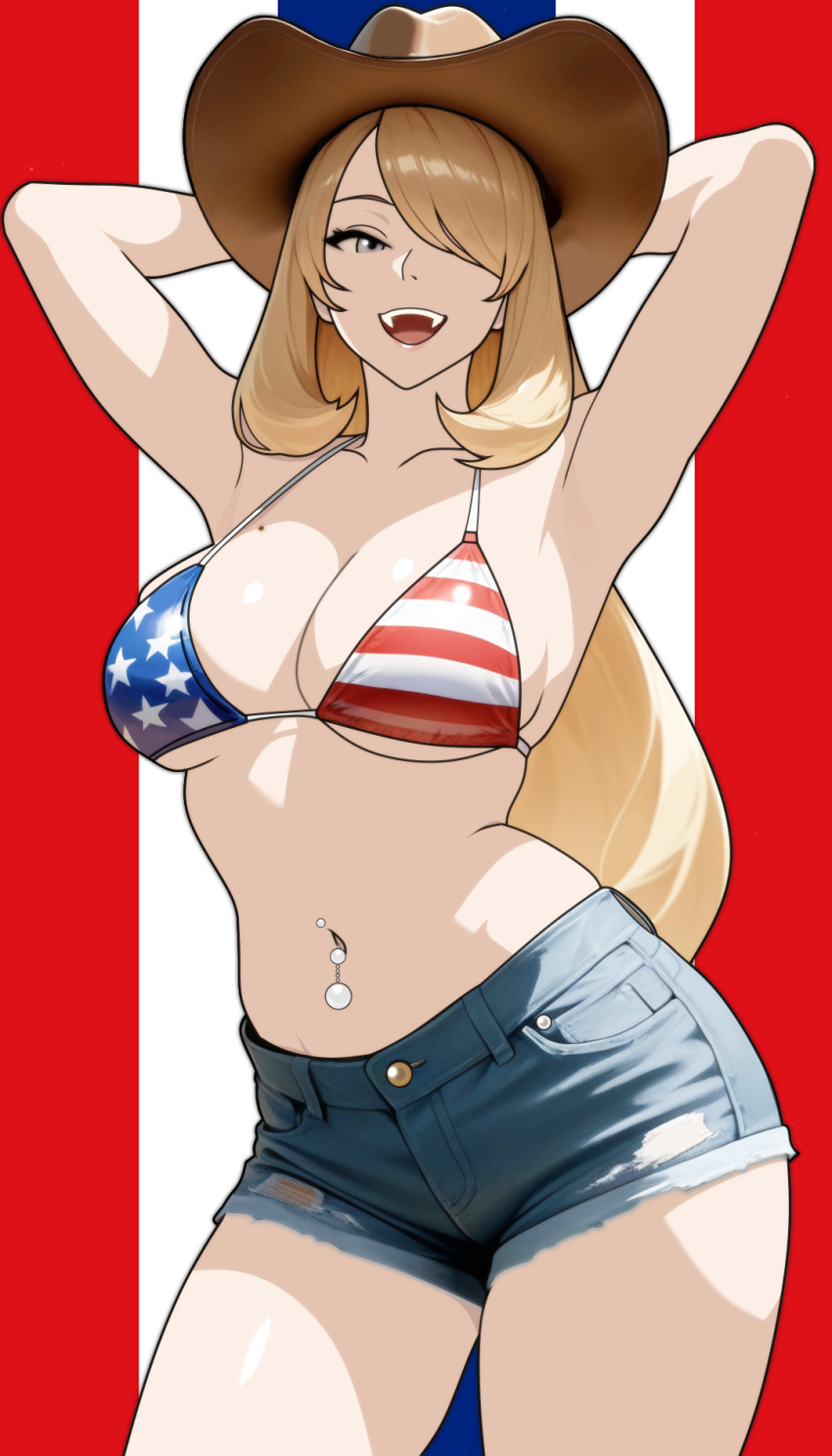 1girl american_flag american_flag_background american_flag_bikini american_flag_print armpits arms_up bikini bikini_top_only blonde_hair blue_shorts breasts cleavage cowboy_hat cowboy_shot cynthia_(pokemon) denim denim_shorts devil_jone_qrit flag_background flag_print flag_print_bikini hair_over_one_eye hat highres large_breasts long_hair looking_at_viewer navel nintendo open_mouth pokemon pokemon_dppt print_bikini shorts solo stomach swimsuit very_long_hair