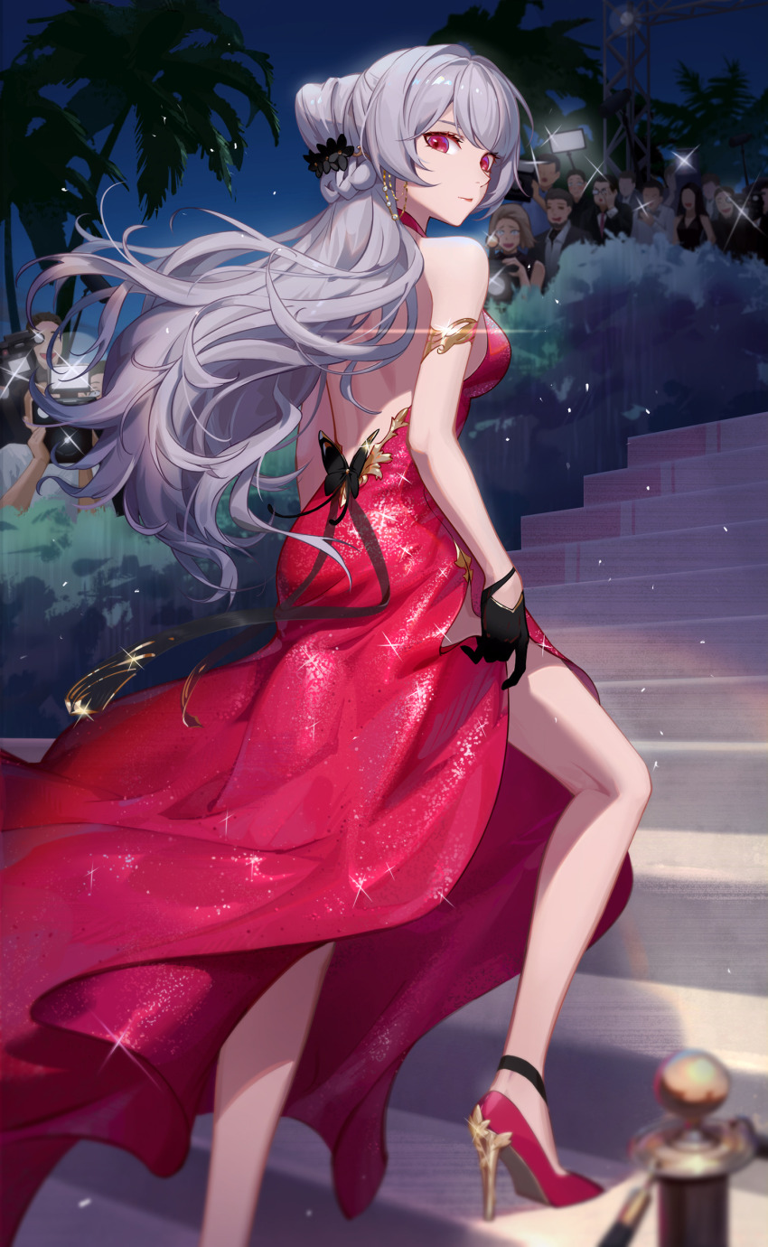 absurdres bare_back bare_shoulders black_gloves breasts camera_flash crazy_ones dress gloves grey_hair high_heels highres large_breasts long_hair official_art people red_dress red_eyes stairs stiletto_heels stone_stairs xia_bing_(crazy_ones)