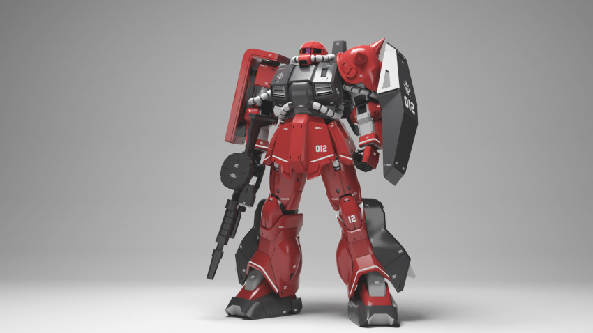 3d cable color_variation commentary_request derivative_work emblem gassan_(7nan8ku) gradient_background gun gundam gundam_unicorn highres hizack machine_gun machinery mecha mecha_focus mobile_suit neo_zeon no_humans one-eyed original realistic redesign robot roundel science_fiction shield shoulder_spikes spikes weapon