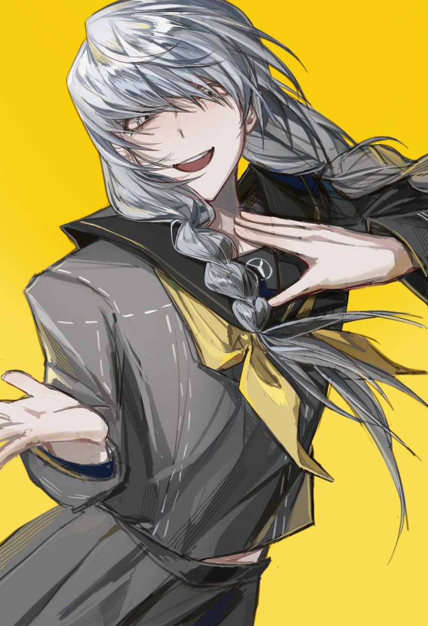 1boy absurdres alternate_costume alternate_hairstyle baobing black_sailor_collar braid chinese_commentary commentary_request cowboy_shot crossdressing grey_hair grey_serafuku grey_shirt grey_skirt hand_on_own_chest highres long_hair long_sleeves male_focus narukami_yu neckerchief open_mouth persona persona_4 sailor_collar sailor_shirt school_uniform serafuku shirt simple_background skirt smile teeth twin_braids upper_teeth_only white_eyes yellow_background yellow_neckerchief